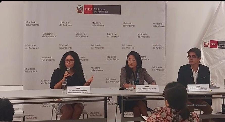 Astry Chavez hablando con micrófono en un panel de expertos en el Ministerio del Ambiente, con el logo del MINAM de fondo.